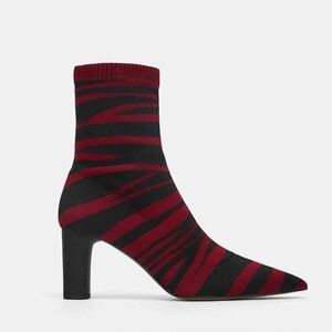 Zara Women's Black and Burgundy Stripe Sock Boot - Stretch Knit Ankle Heel